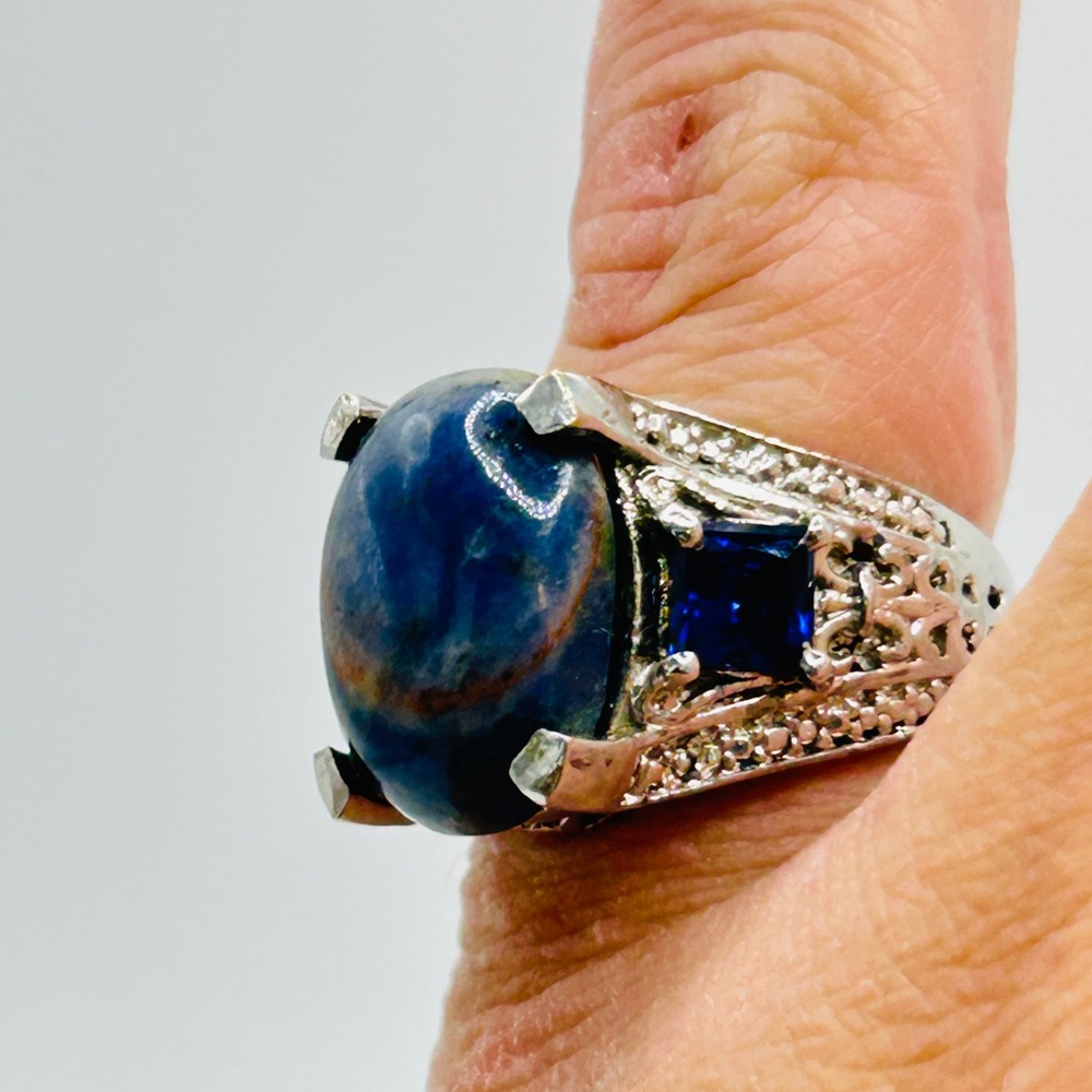 Sodalite and Simulated Sapphire Ring; Size 6; Stainless Steel - Picture 8 of 9